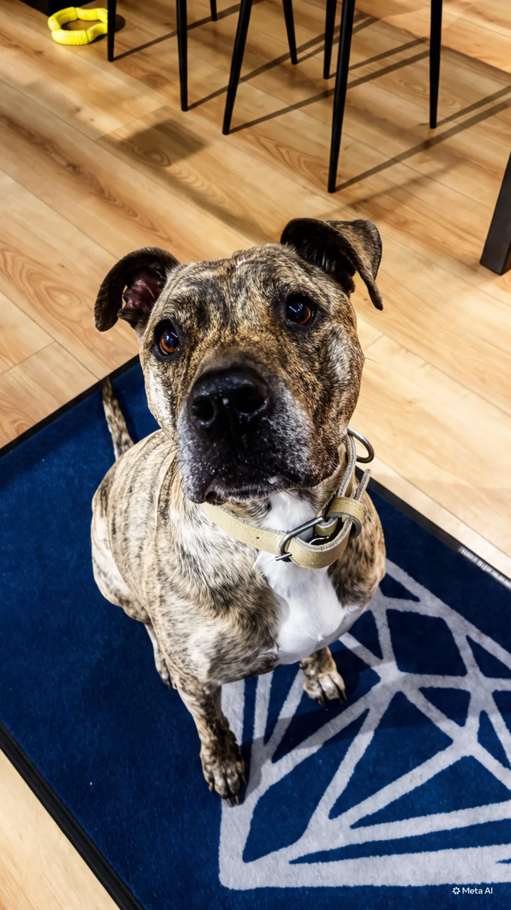 Mel, una perra atigrada de protectora, sentada sobre una alfombra mirando a cámara