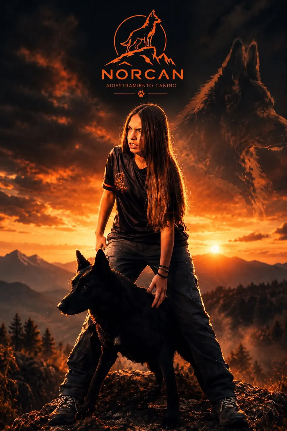 Ainhoa con un pastor alemán negro sobre una roca al atardecer, bajo el logotipo de Norcan
